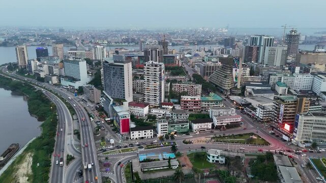 Aerial video over Abidjan Ivory Coast in the early evening hours africa