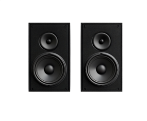 These black audio speakers are crafted for optimal sound quality, featuring dual woofers and tweeters to enhance audio clarity and depth. Ideal for music lovers and home theater setups