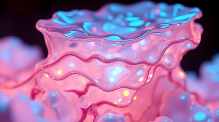 Close-up of an abstract organic structure with translucent, glossy layers in pink and blue hues. The futuristic design features smooth