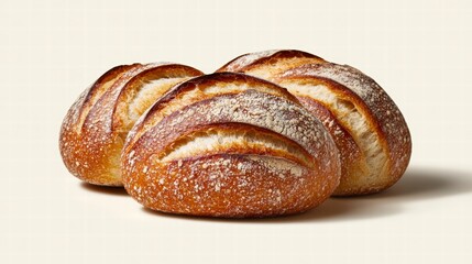 Fototapeta premium Three Golden Brown Artisan Bread Rolls on Off White Background