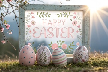 HAPPY EASTER frame with eggs at sunrise 