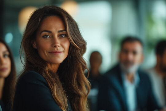 Femme d'affaire brune de 50 ans, souriante, sur son lieu de travail, entour&eacute;e de ses coll&egrave;gues en arri&egrave;re-plan