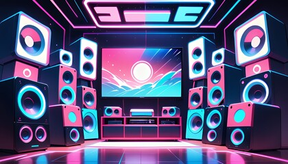 Futuristic Home Theater with Neon Pink and Teal Speakers and Synthwave Landscape Screen