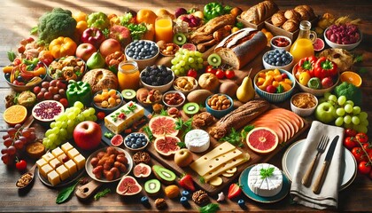 A beautifully arranged assortment of fresh fruits, vegetables, bread, cheese, and nuts on a rustic wooden table. A vibrant, healthy food spread perfect for breakfast or brunch.