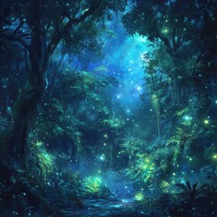 Fototapeta premium Mystical Enchanted Forest at Night with Glowing Light Particles