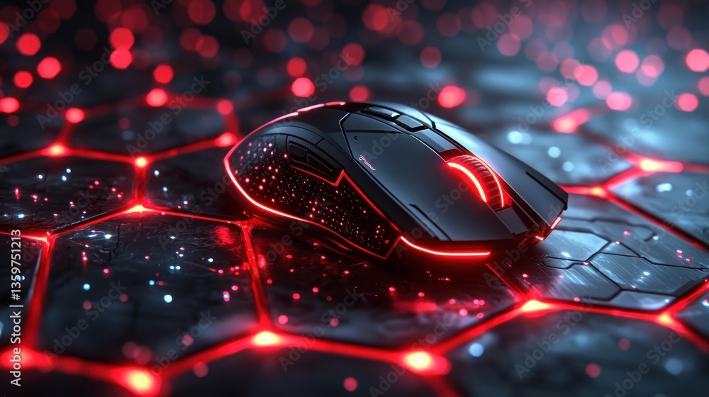 Poster futuristic illuminated gaming mouse on technological hexagonal background
