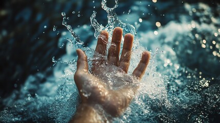 A hand reaching through the water, surrounded by splashes, symbolizing the spiritual rebirth and the strengthening of faith through the act of baptism