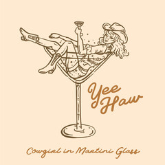 WHimscial style hand drawn cowgirl in Martini glass vector