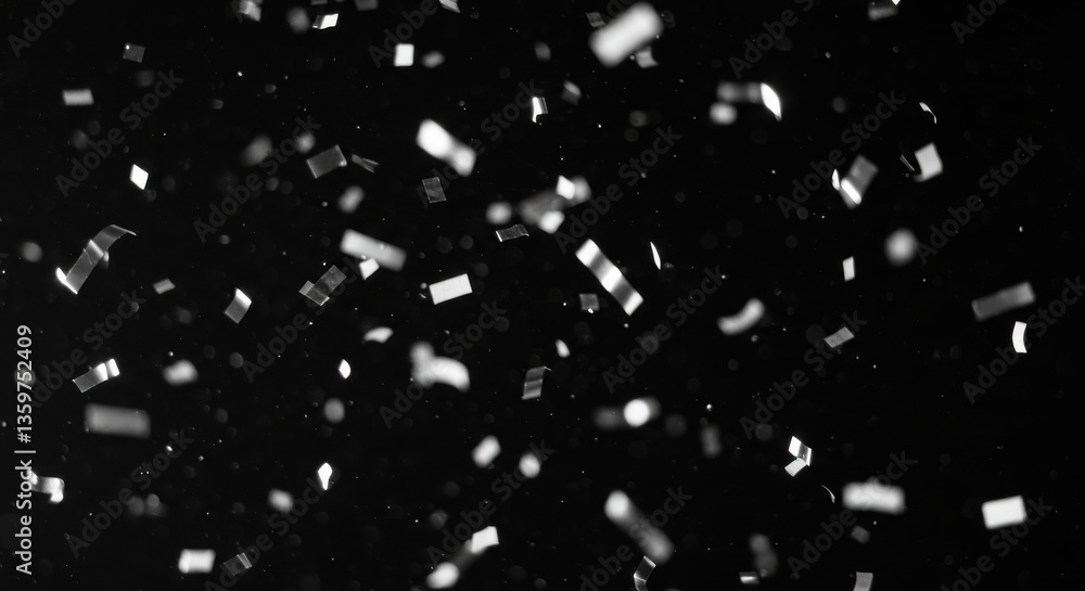 Poster a monochrome image featuring falling confetti against a dark black background in a dynamic compositi