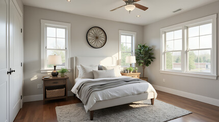 Farmhouse interior design of modern bedroom with hardwood floor