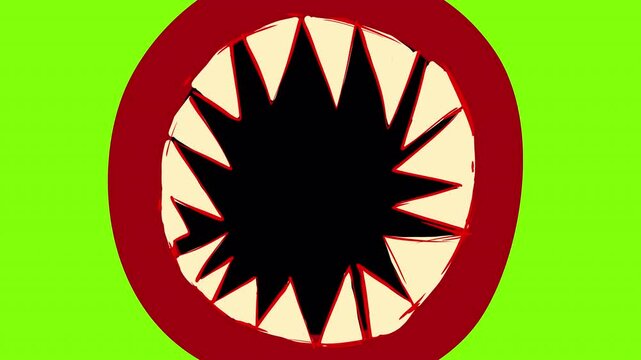 Cartoon mouth with sharp teeth animation on a green screen. Concept of a bite by a bloodsucker, insect, or monster. Stock 2D monster bite effect in 4K with an alpha channel.