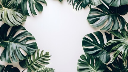 Border of Lush Green Tropical Leaves Beautifully Arranged on a Background.