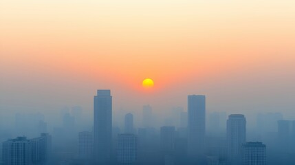 Fototapeta premium Sunrise Over City Skyline with Buildings and Hazy Atmosphere