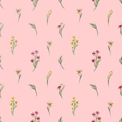 Seamless watercolor floral pattern with delicate wildflowers. Elegant hand-painted botanical design for fabric, wallpaper, invitations, and scrapbooking. Soft natural aesthetics in pastel tones
