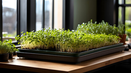 Fresh and vibrant microgreens growing in three trays placed next to a sunlit window, basking in natural light and showcasing lush, healthy greenery