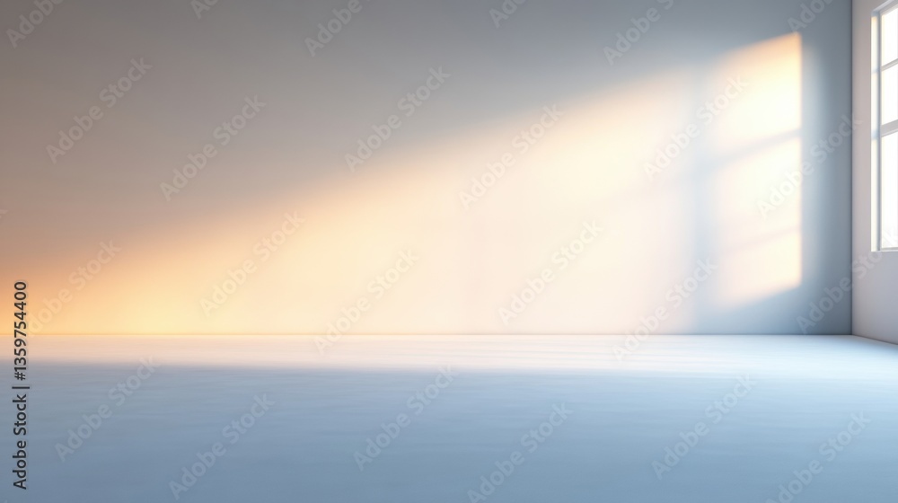 Poster warm sunlight filters through a window illuminating an empty minimalist room with soft shadows on a 
