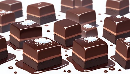 Numerous Dark Chocolate Squares with Coconut Flakes on White Background