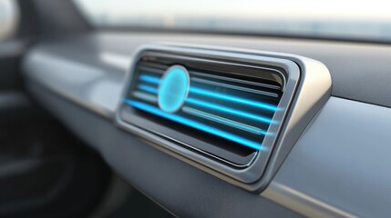 Close-up of a modern car air vent with illuminated design elements.