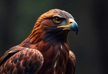 Obraz premium A golden eagle with brown and orange feathers, sharp yellow beak, intense gaze, perched against a dark green background, detailed feather texture, majestic and powerful