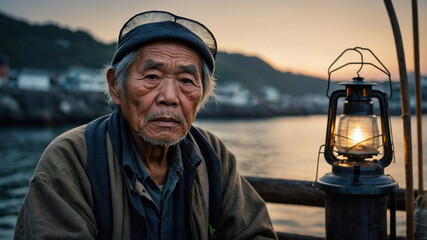 Obraz premium Elderly fisherman sitting by lantern on a boat at dusk near coastal village with calm waters and mountains in the background