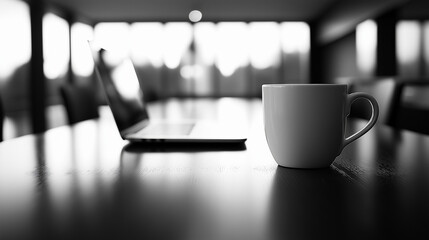 Une tasse de café et un ordinateur ouvert, posés sur un bureau, en noir et blanc, effet bokeh
