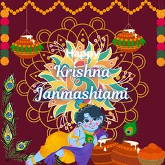 Happy Krishna Janmashtami Festival Wishes Post Design! Elegant Poster Design with Vibrant Colors and Icons! Make it Yours! Hare Krishna! Thank You! 
