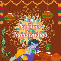 Happy Krishna Janmashtami Festival Wishes Post Design! Elegant Poster Design with Vibrant Colors and Icons! Make it Yours! Hare Krishna! Thank You! 