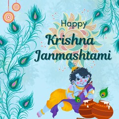Happy Krishna Janmashtami Festival Wishes Post Design! Elegant Poster Design with Vibrant Colors and Icons! Make it Yours! Hare Krishna! Thank You! 