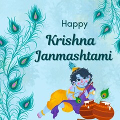 Happy Krishna Janmashtami Festival Wishes Post Design! Elegant Poster Design with Vibrant Colors and Icons! Make it Yours! Hare Krishna! Thank You! 