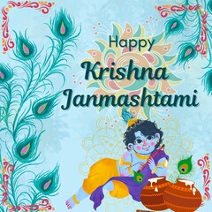 Happy Krishna Janmashtami Festival Wishes Post Design! Elegant Poster Design with Vibrant Colors and Icons! Make it Yours! Hare Krishna! Thank You! 