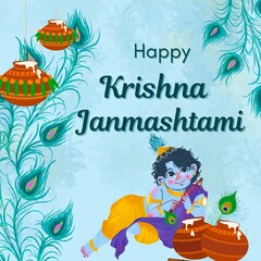 Happy Krishna Janmashtami Festival Wishes Post Design! Elegant Poster Design with Vibrant Colors and Icons! Make it Yours! Hare Krishna! Thank You! 