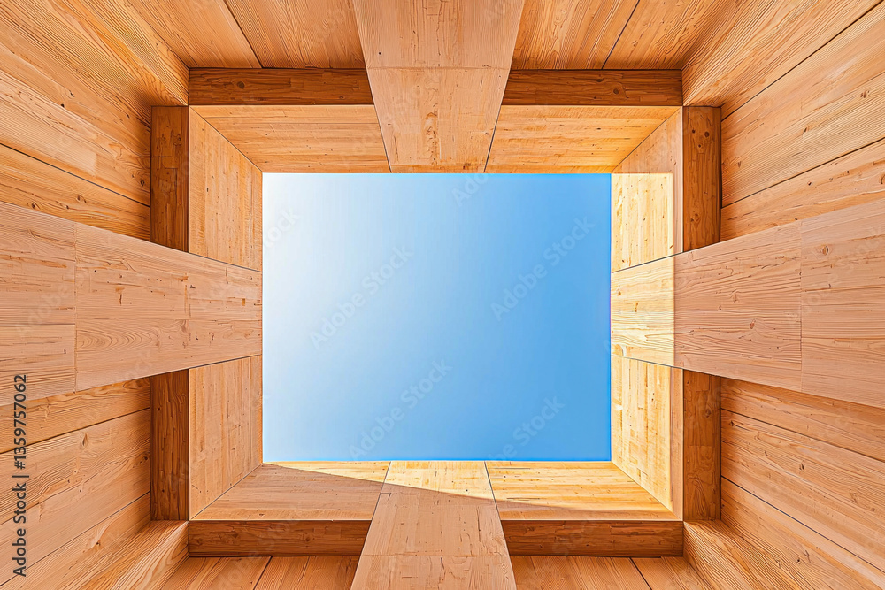 Poster unique architectural view showcasing wooden structure with clear blue sky above, creating serene and