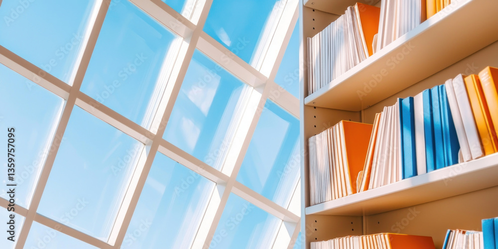 Poster bright sunlight streams through large window, illuminating shelf filled with colorful books, creatin