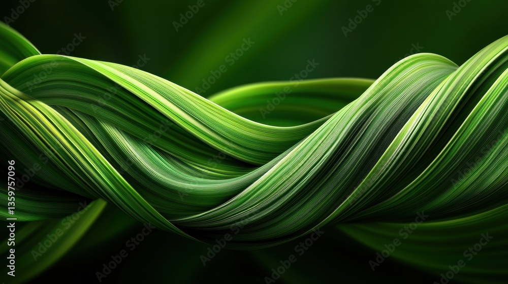 Poster abstract close-up of flowing, interwoven green ribbons creating a dynamic, wave-like pattern against