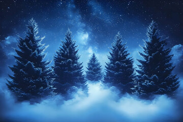 Winter Night Scene With Illuminated Christmas Trees