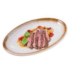 Savory beef and pasta dish restaurant kitchen culinary art indoor close-up gourmet experience