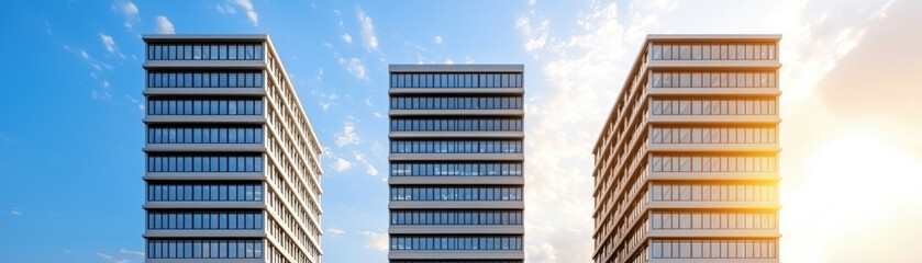 Fototapeta premium Modern office buildings in city grid with large windows reflecting sky and sunlight, creating vibrant atmosphere