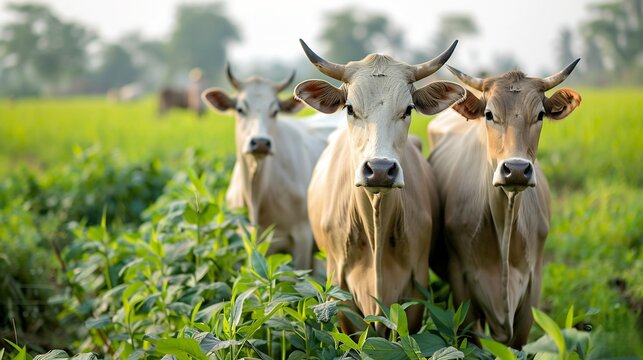 Two Gir cow Bos indicus standing traditional Indian farm their large curved horn gentle eye showcasing their distinctive breed characteristic farmer background tends field emphasizing their role
