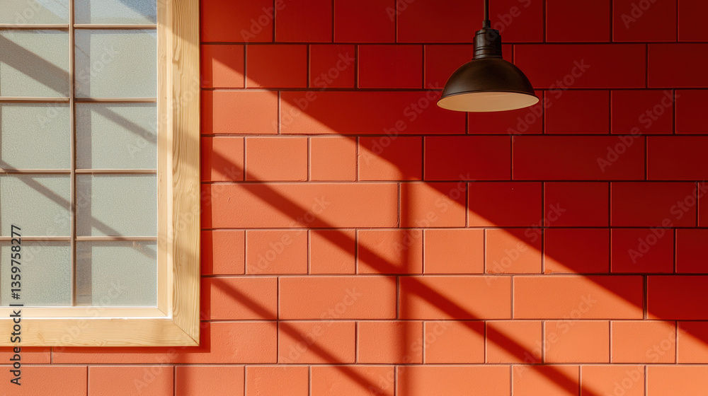 Poster bright red wall with window and hanging light fixture casting shadows, creating warm and inviting at