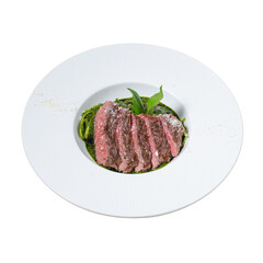 Savory grilled steak with herb sauce a culinary indoor dining experience