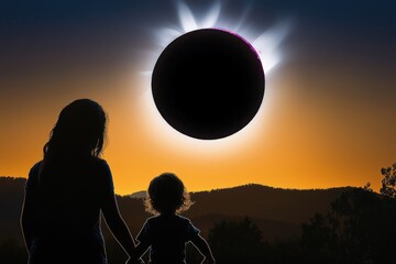 Naklejka premium Child and parent share a breathtaking moment during the solar eclipse in the serene evening sky