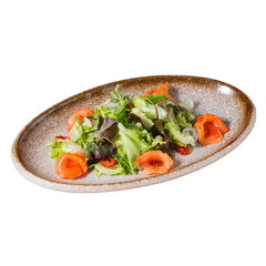 Fresh salad with smoked salmon restaurant food photography cozy atmosphere top view healthy eating