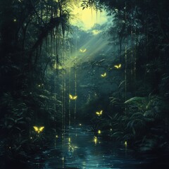 Enchanted Jungle with Glowing Fireflies and Serene Reflection