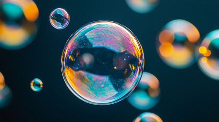 Des bulles de savon qui flottent dans l'air sur fond bleu canard, reflets nacr&eacute;s