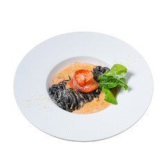 Delicious black pasta dish gourmet restaurant food photography elegant setting close-up culinary art