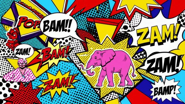 Vibrant pop art sequence featuring comic elements, speech bubbles, and dynamic sound effects. 4k stock footage