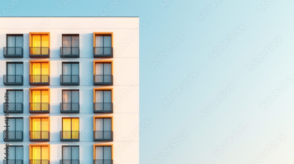 Poster modern hotel facade with structured grid and warm sunlight reflecting on windows, creating serene at