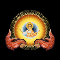 Obraz premium Jesus Christ Lord and Savior. Religious decorative illustration in Byzantine style on black background
