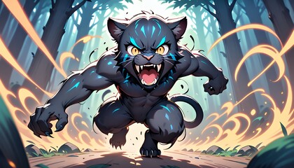 Powerful Black Anthropomorphic Cat Charging Through Sunlit Forest