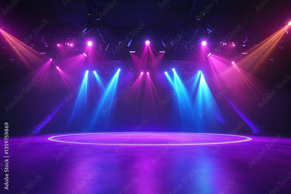Poster illuminated stage with vibrant lighting and circular platform.